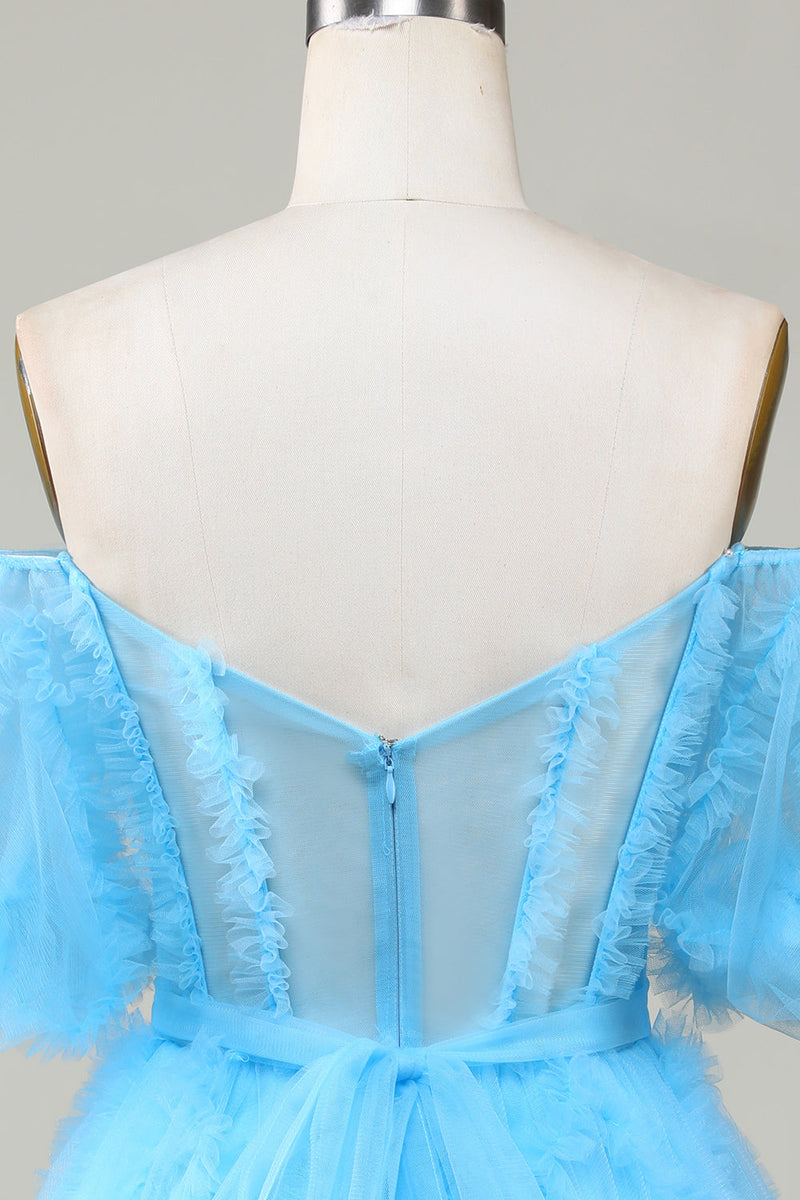 Load image into Gallery viewer, Cute A line Blue Tulle Off The Shoulder Short Prom Dress