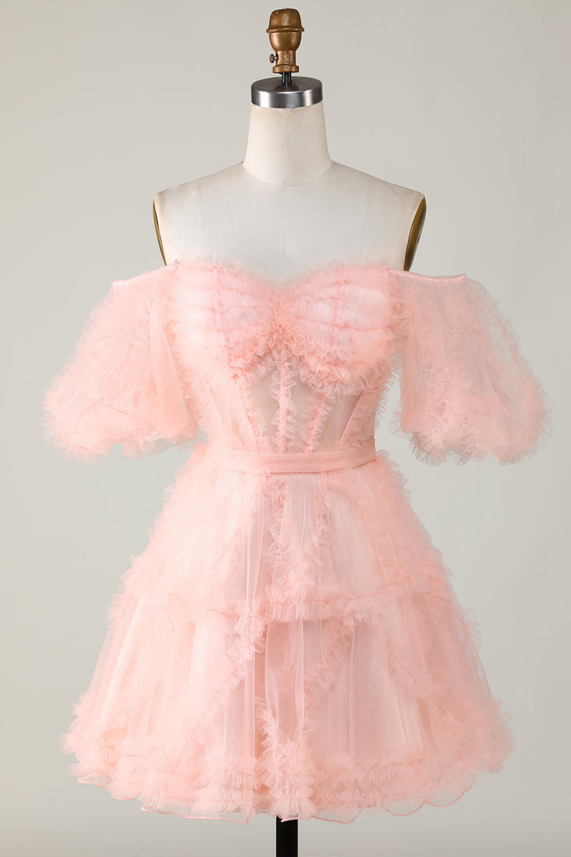 Load image into Gallery viewer, Cute A line Blush Tulle Off The Shoulder Short Prom Dress