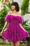 Stylish A Line Off the Shoulder Fuchsia Corset Graduation Dress with Sleeves
