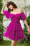 Stylish A Line Off the Shoulder Fuchsia Corset Graduation Dress with Sleeves