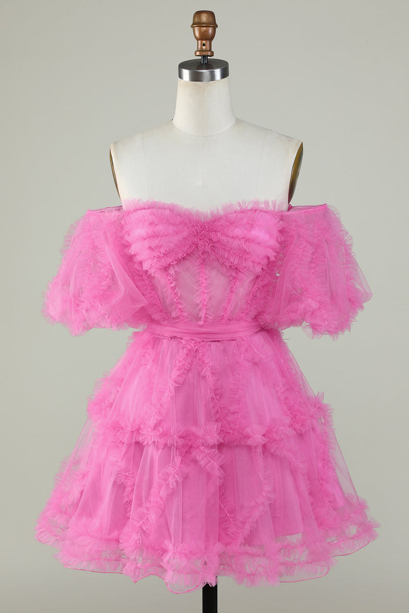 Load image into Gallery viewer, Cute A Line Off the Shoulder Pink Tulle Graduation Dress