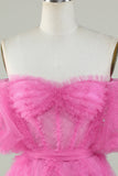 Cute A Line Off the Shoulder Pink Tulle Graduation Dress