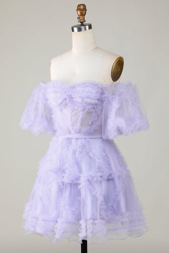 Stylish A Line Off the Shoulder Purple Tulle Corset Homecoming Dress