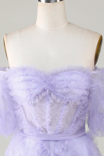 Stylish A Line Off the Shoulder Purple Tulle Corset Homecoming Dress