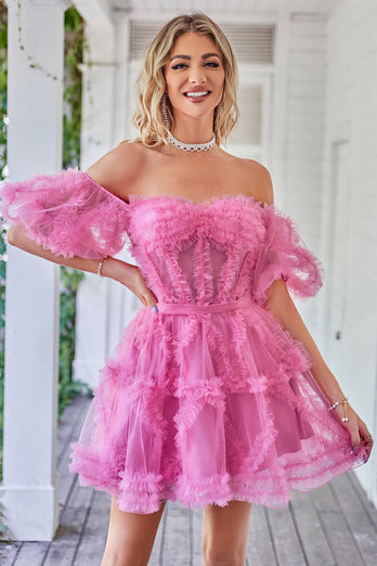 Cute A line Blush Tulle Off The Shoulder Short Prom Dress