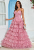 Load image into Gallery viewer, Spaghetti Straps Layered Tulle Prom Dress with Floral Printed