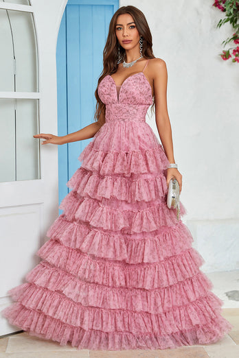 Spaghetti Straps Layered Tulle Prom Dress with Floral Printed