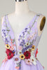 Load image into Gallery viewer, A Line Deep V Neck Open Back Purple Homecoming Dress With 3D Flowers