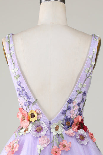 A Line Deep V Neck Open Back Purple Homecoming Dress With 3D Flowers