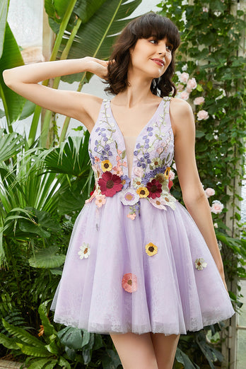 Purple Deep V Neck Open Back Cocktail Dress With 3D Florals