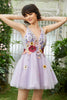 Load image into Gallery viewer, Purple Deep V Neck Open Back Cocktail Dress With 3D Florals