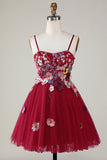 Gorgeous A Line Spaghetti Straps Burgundy Short Prom Dress with 3D Flowers