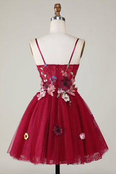 Gorgeous A Line Spaghetti Straps Burgundy Short Prom Dress with 3D Flowers