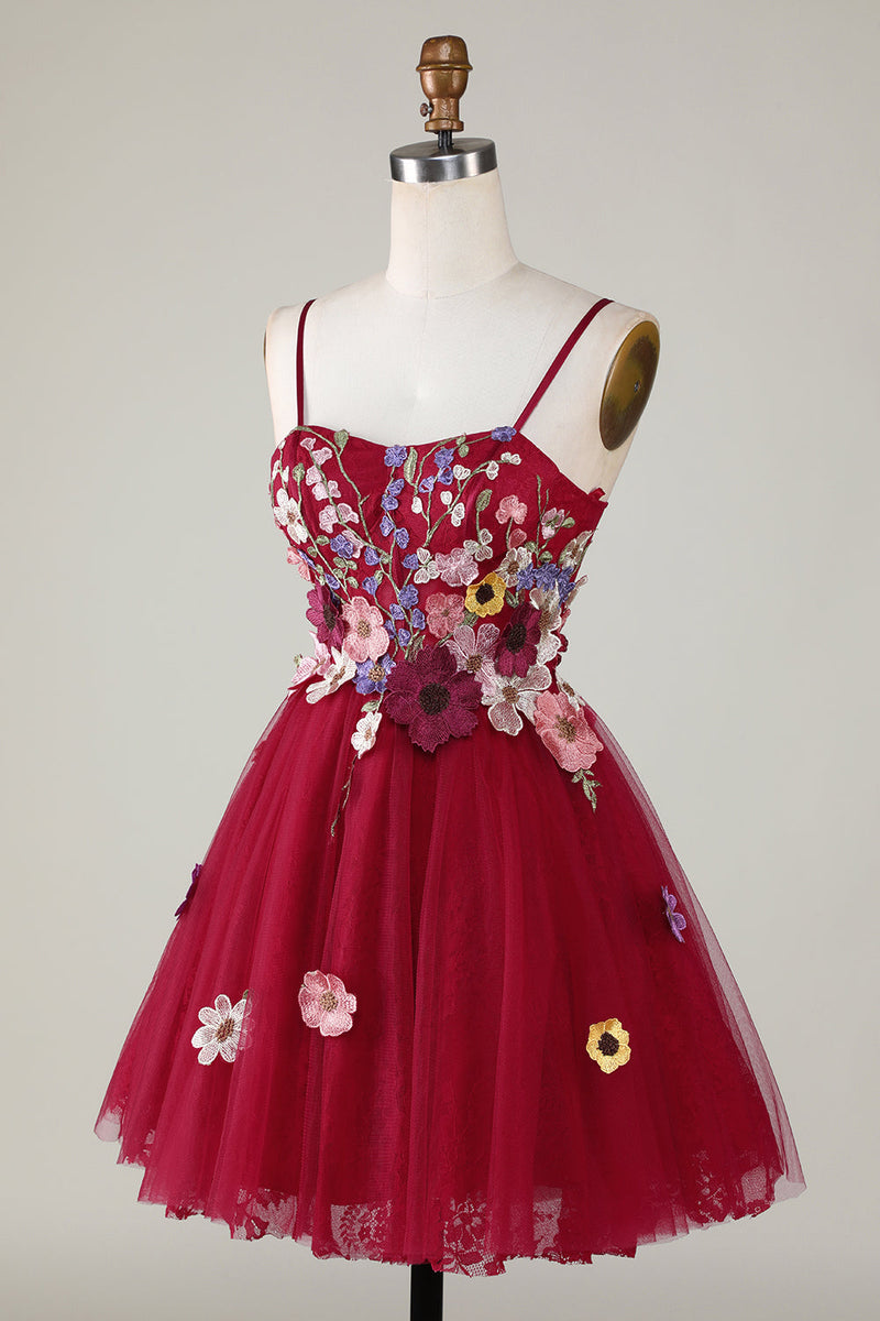 Load image into Gallery viewer, Gorgeous A Line Spaghetti Straps Burgundy Short Prom Dress with 3D Flowers