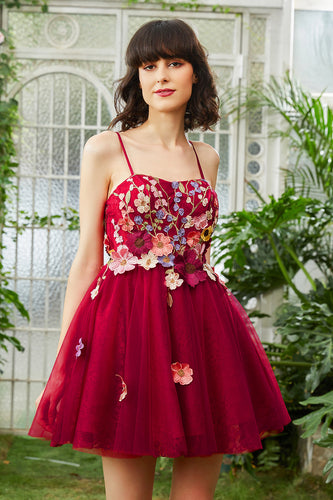 Burgundy A Line Spaghetti Straps Cocktail Dress With 3D Flowers