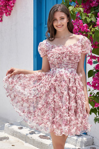 Gorgeous A Line Floral Dusty Rose Graduation Dress with Ruffles