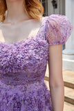 A Line Purple Printed Graduation Dress with Ruffles
