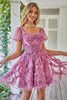Load image into Gallery viewer, A Line Purple Printed Graduation Dress with Ruffles