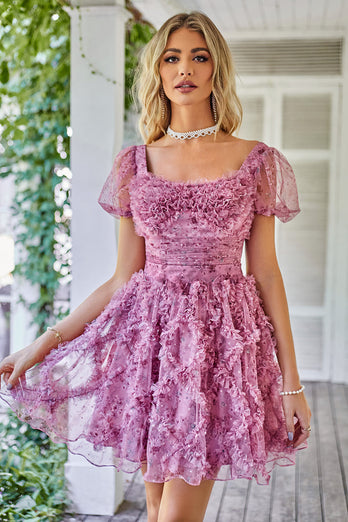 A Line Purple Printed Homecoming Dress with Ruffles