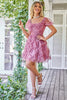 Load image into Gallery viewer, A Line Purple Printed Homecoming Dress with Ruffles
