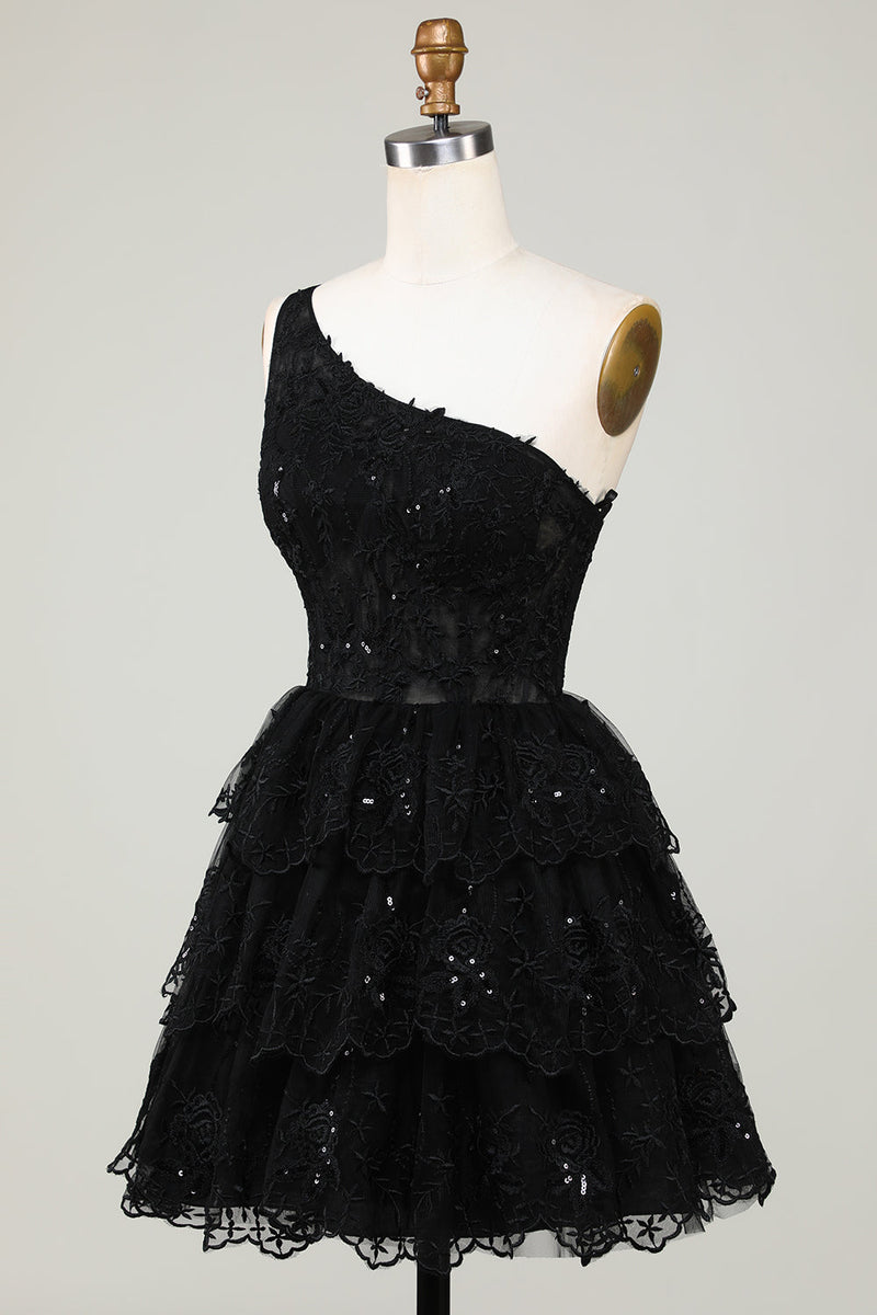 Zapaka Gorgeous Black One Shoulder Homecoming Dress With Appliques ...