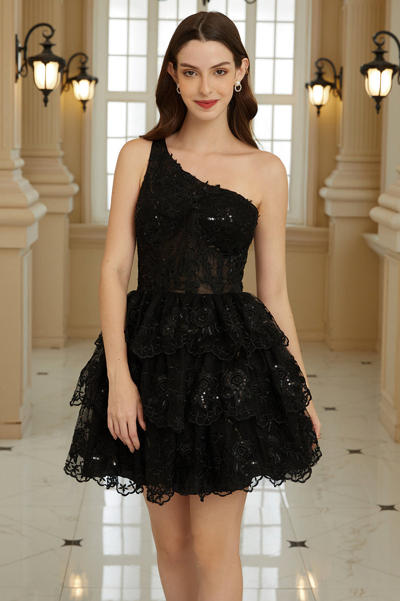 Load image into Gallery viewer, Stylish A Line One Shoulder Black Short Homecoming Dress with Appliques