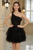 Load image into Gallery viewer, Stylish A Line One Shoulder Black Short Homecoming Dress with Appliques