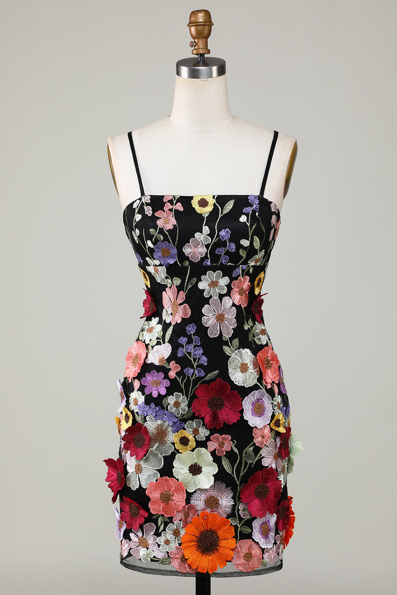 Load image into Gallery viewer, Bodycon Spaghetti Straps Black Homecoming Dress with 3D Flowers