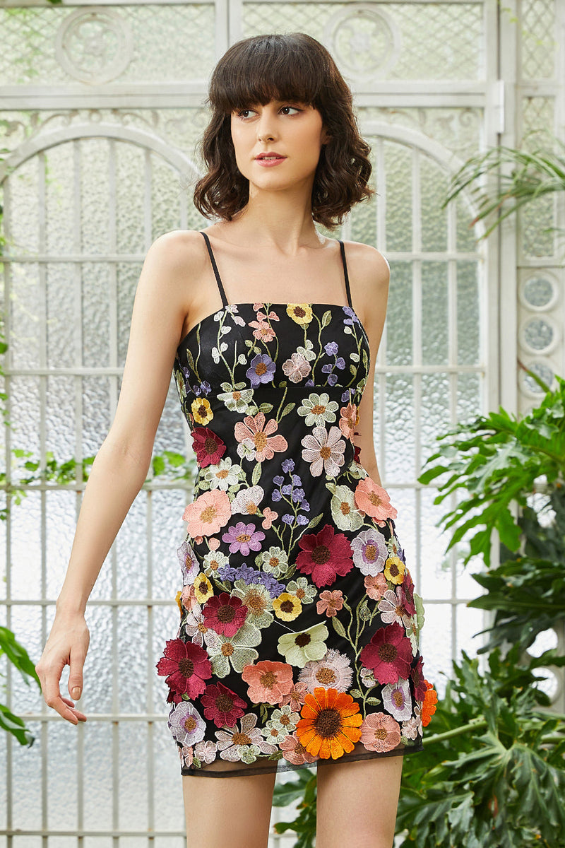 Load image into Gallery viewer, Black Spaghetti Straps Sheath Homecoming Dress with 3D Flowers