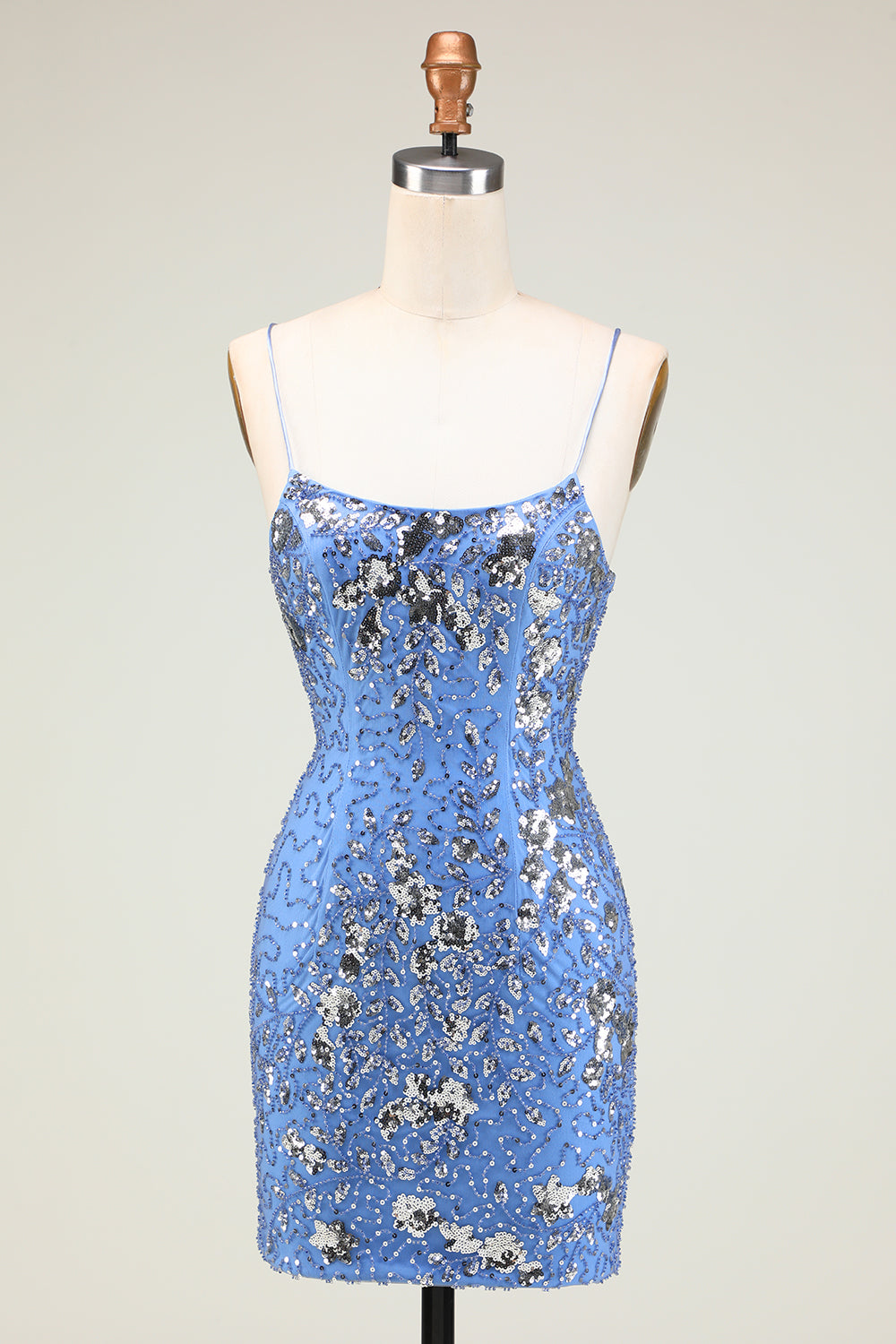 Sparkly Sheath Grey Blue Sequins Cocktail Dress with Criss Cross Back