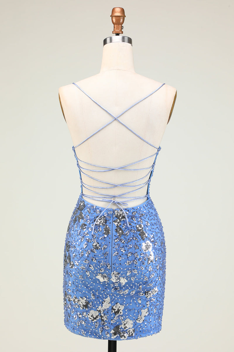 Load image into Gallery viewer, Sparkly Sheath Grey Blue Sequins Cocktail Dress with Criss Cross Back