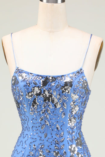 Sparkly Sheath Grey Blue Sequins Cocktail Dress with Criss Cross Back