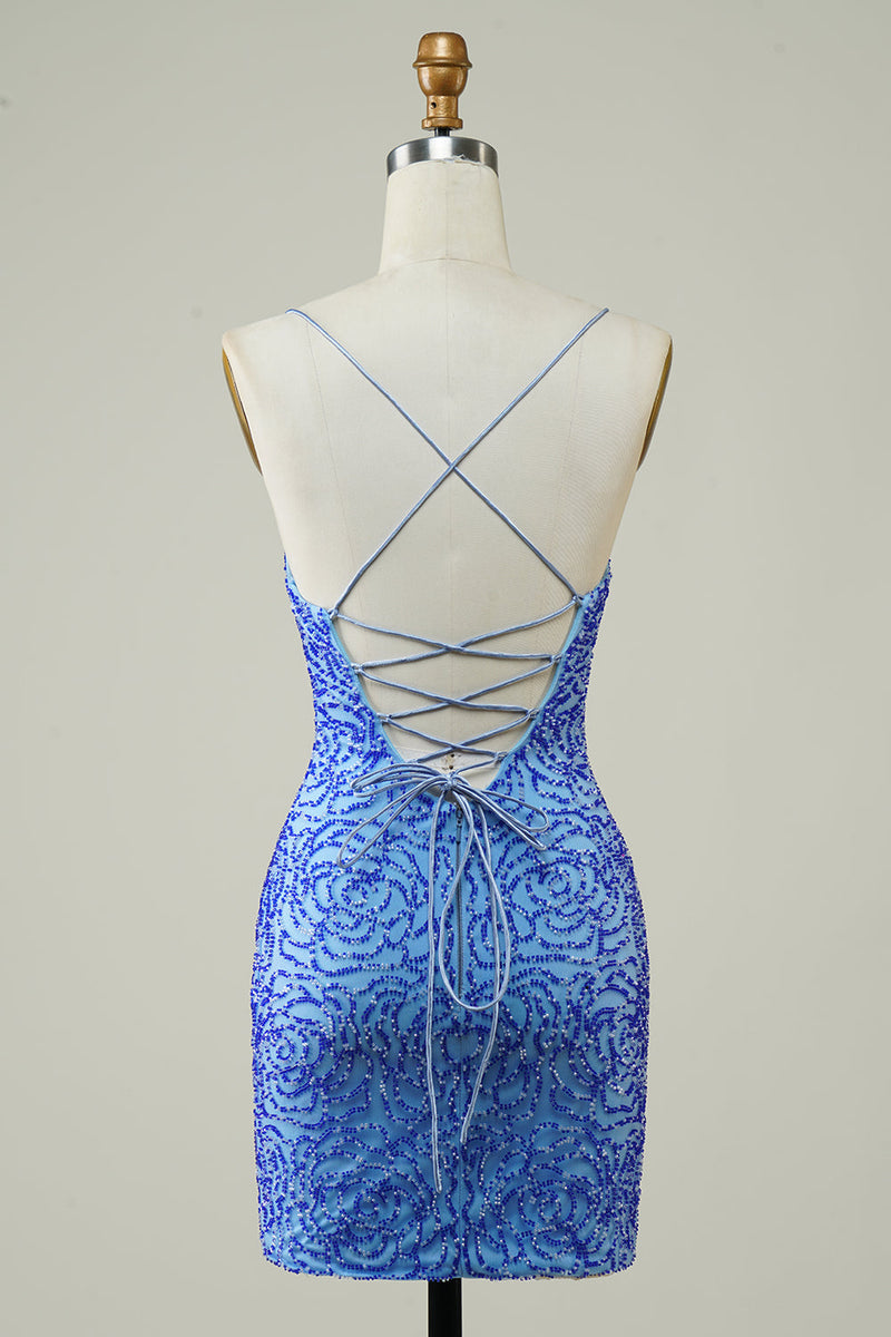 Load image into Gallery viewer, Spaghetti Straps Blue Tight Glitter Cocktail Dress with Beaded