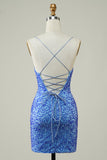 Spaghetti Straps Blue Tight Glitter Cocktail Dress with Beaded
