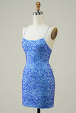 Spaghetti Straps Blue Tight Glitter Cocktail Dress with Beaded
