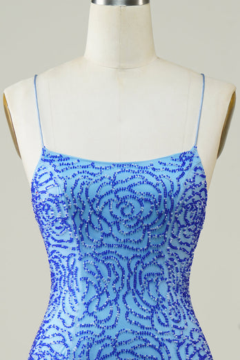 Spaghetti Straps Blue Tight Glitter Cocktail Dress with Beaded