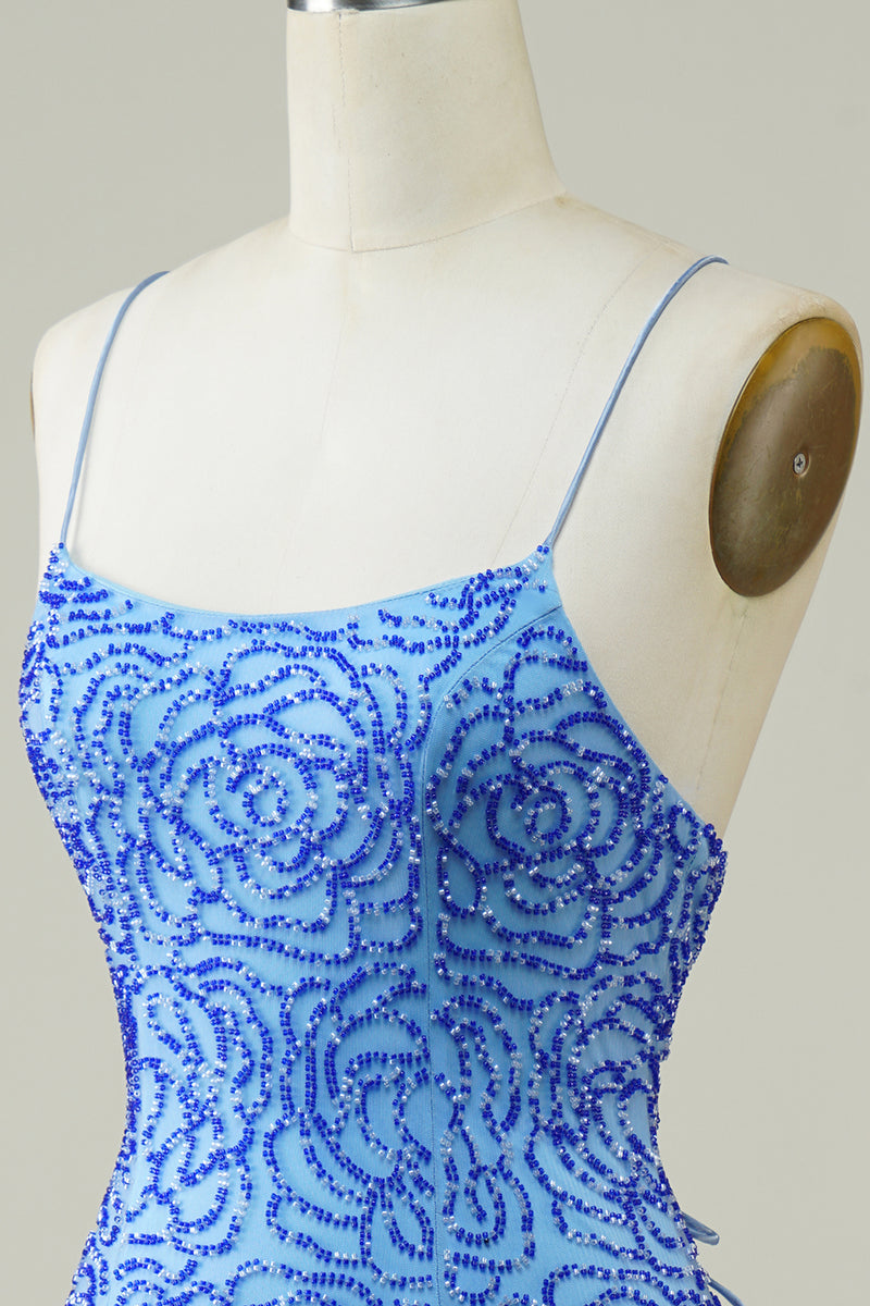 Load image into Gallery viewer, Spaghetti Straps Blue Tight Glitter Cocktail Dress with Beaded