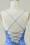 Spaghetti Straps Blue Tight Glitter Cocktail Dress with Beaded