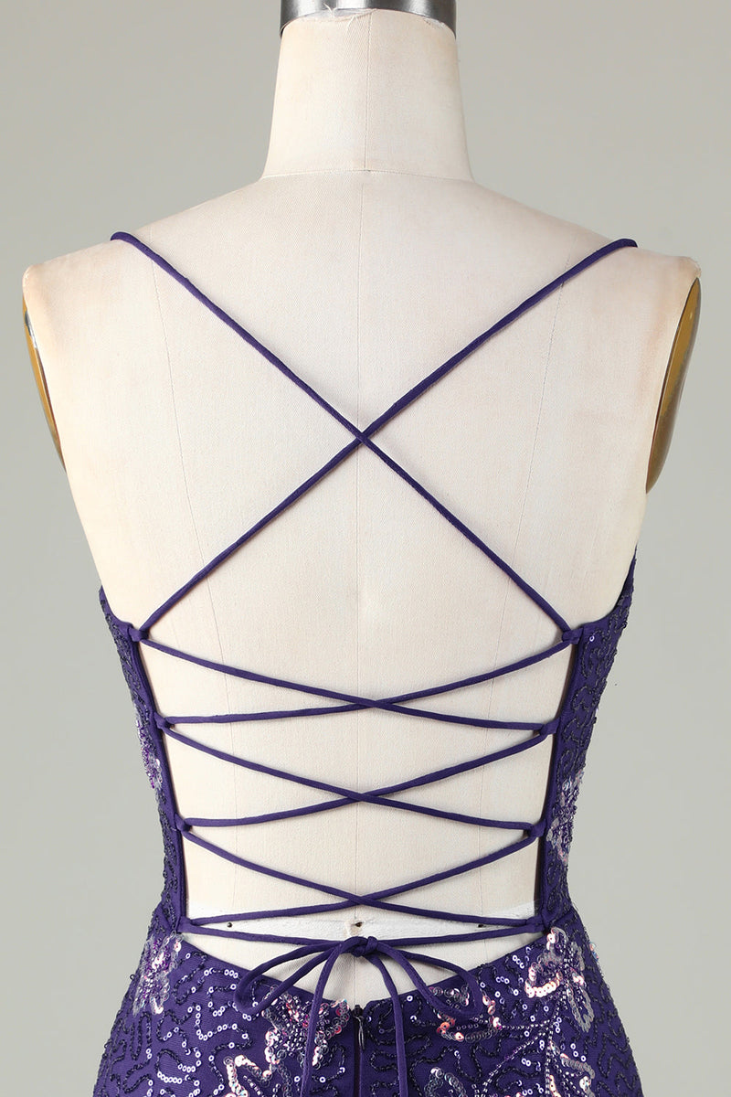 Load image into Gallery viewer, Sparkly Sheath Spaghetti Straps Dark Purple Short Homecoming Dress with Criss Cross Back
