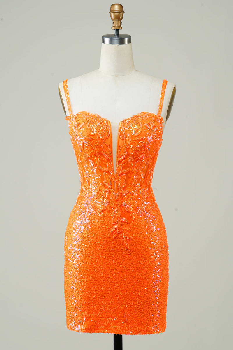 Load image into Gallery viewer, Glitter Orange Tight Homecoming Dress with Beaded