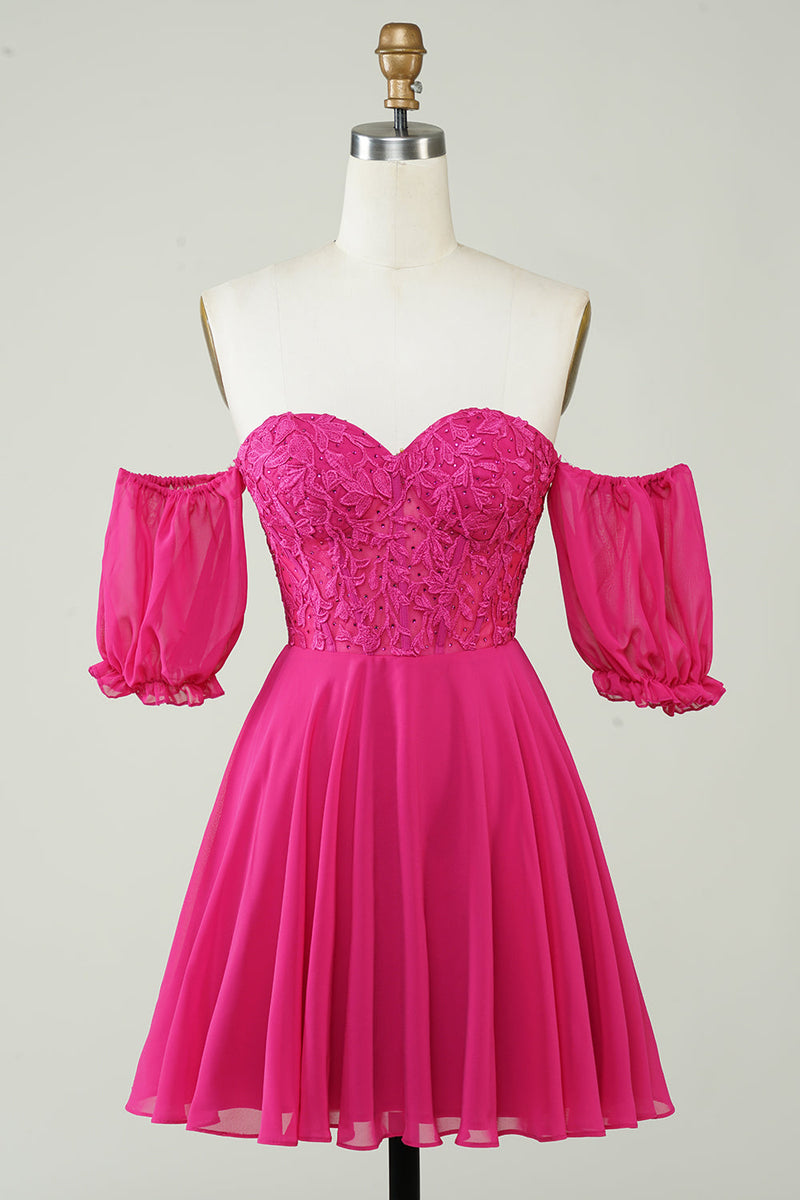 Load image into Gallery viewer, Fuchsia Corset A-Line Chiffon Short Homecoming Dress with Lace