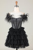 Load image into Gallery viewer, Sparkly Beaded Corset A-Line Black Short Homecoming Dress with Feathers