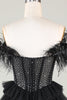 Load image into Gallery viewer, Sparkly Beaded Corset A-Line Black Short Homecoming Dress with Feathers