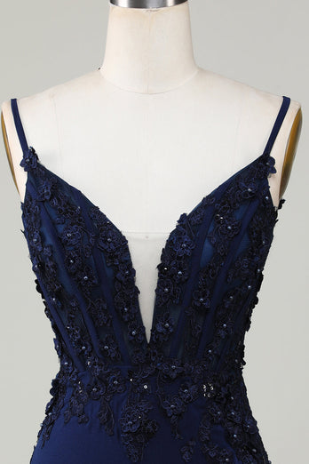 Sparkly Navy Corset Tight Short Homecoming Dress with Lace