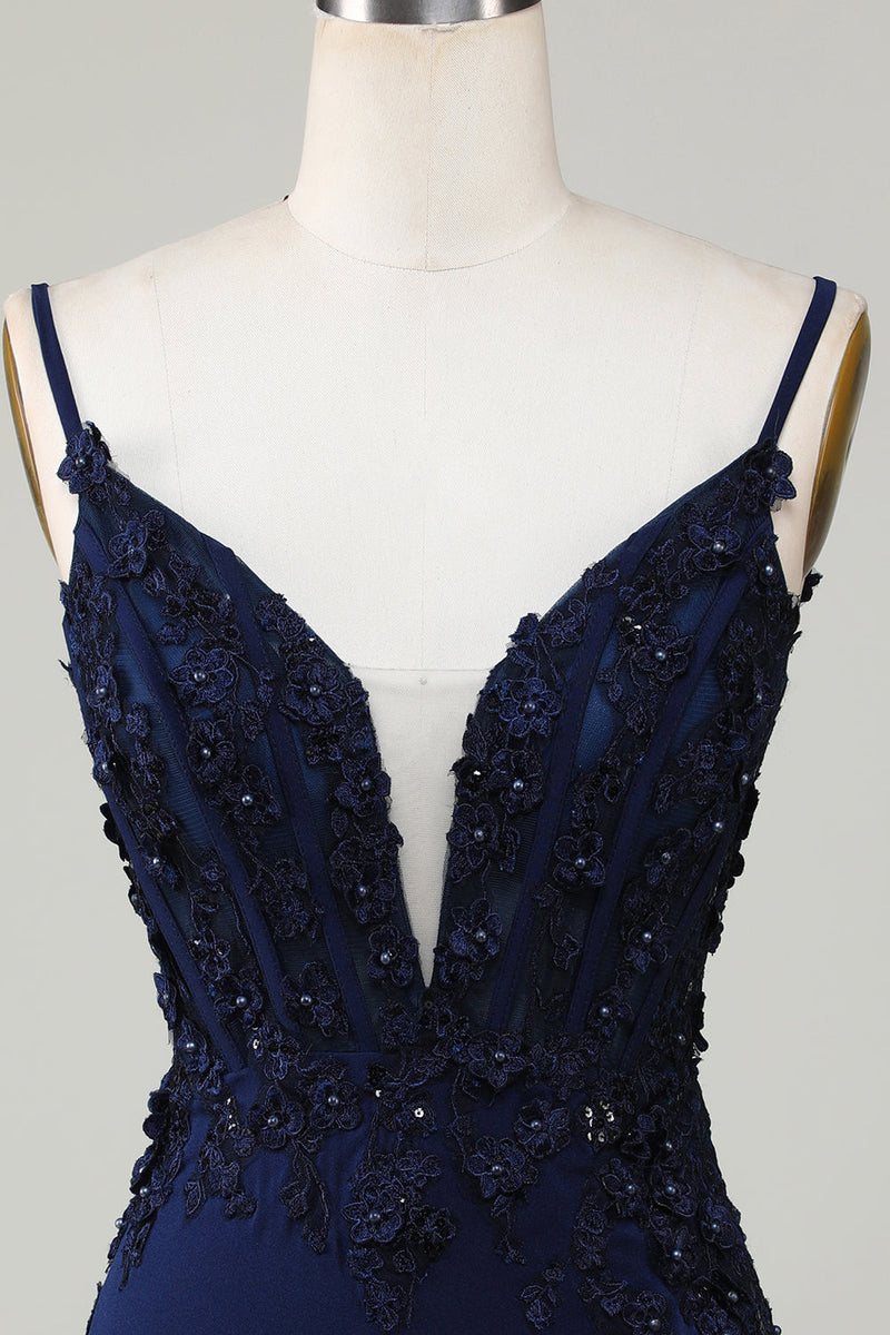 Load image into Gallery viewer, Sparkly Navy Corset Tight Short Homecoming Dress with Lace