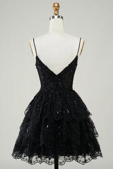 Black Sparkly Corset Cocktail Party Dress with Appliques