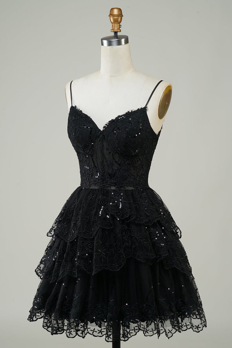 Load image into Gallery viewer, Black Sparkly Corset Cocktail Party Dress with Appliques