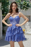 Gorgeous A Line Spaghetti Straps Dark Blue Sparkly Corset Graduation Dress