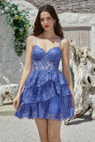 Gorgeous A Line Spaghetti Straps Dark Blue Sparkly Corset Graduation Dress