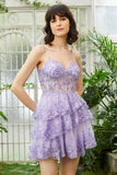 Sparkly Spaghetti Straps Sequins Purple Short Party Dress